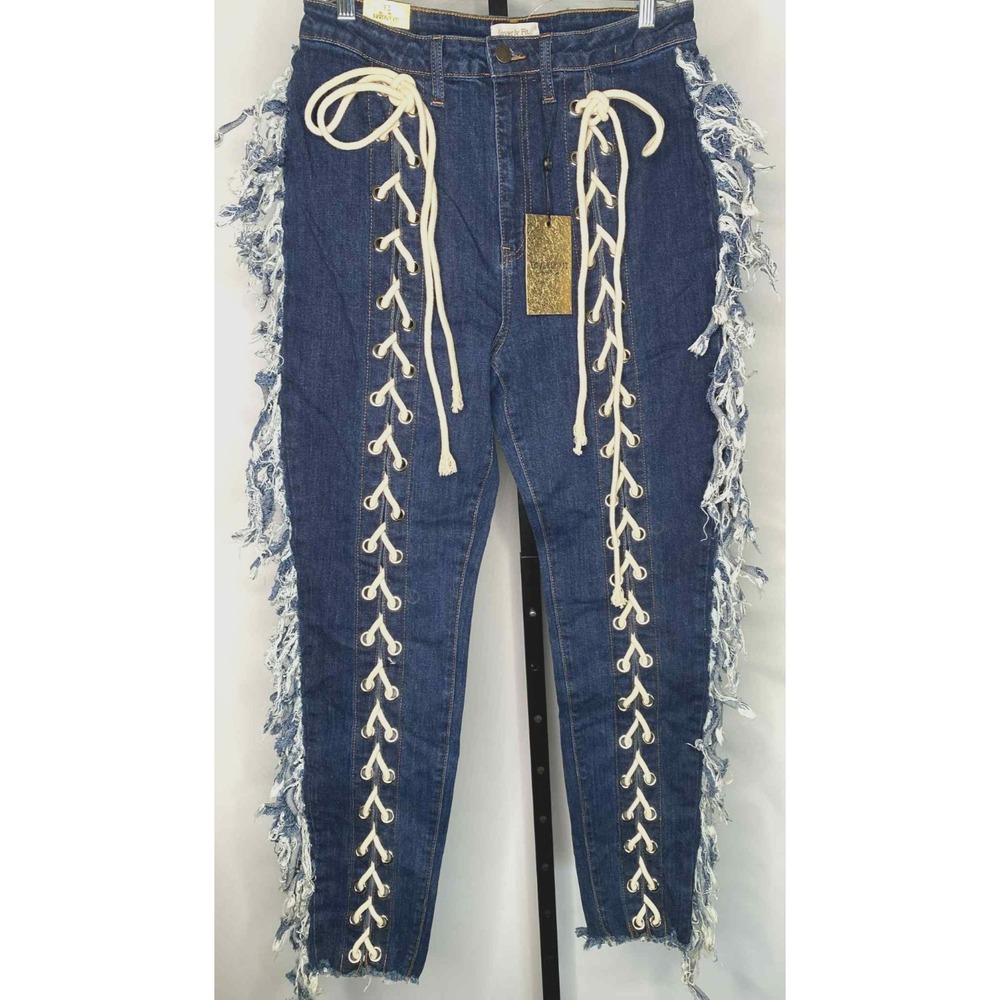 Lovely Fit jeans women's size 13 dark‎ wash Fringe front tie straight High Rise